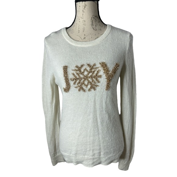 Talbots Sweaters - TALBOTS cream & gold tinsel holiday JOY sweater‎ wool alpaca blend size Small